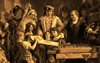 "Daniel Maclise - Caxton Showing the First Specimen of His Printing to King Edward IV at the Almonry, Westminster" by Daniel Maclise - Maclise, Daniel (1909) "Caxton Showing the First Specimen of His Printing to King Edward IV at the Almonry, Westminster" in Cassell's History of England (Volume 2. The King's Edition ed.), London, New York, Toronto & Melbourne: Cassell and Company, pp. p. 64 Retrieved on 19 June 2009.. Licensed under Public Domain via Wikimedia Commons - http://commons.wikimedia.org/wiki/File:Daniel_Maclise_-_Caxton_Showing_the_First_Specimen_of_His_Printing_to_King_Edward_IV_at_the_Almonry,_Westminster.jpg#mediaviewer/File:Daniel_Maclise_-_Caxton_Showing_the_First_Specimen_of_His_Printing_to_King_Edward_IV_at_the_Almonry,_Westminster.jpg