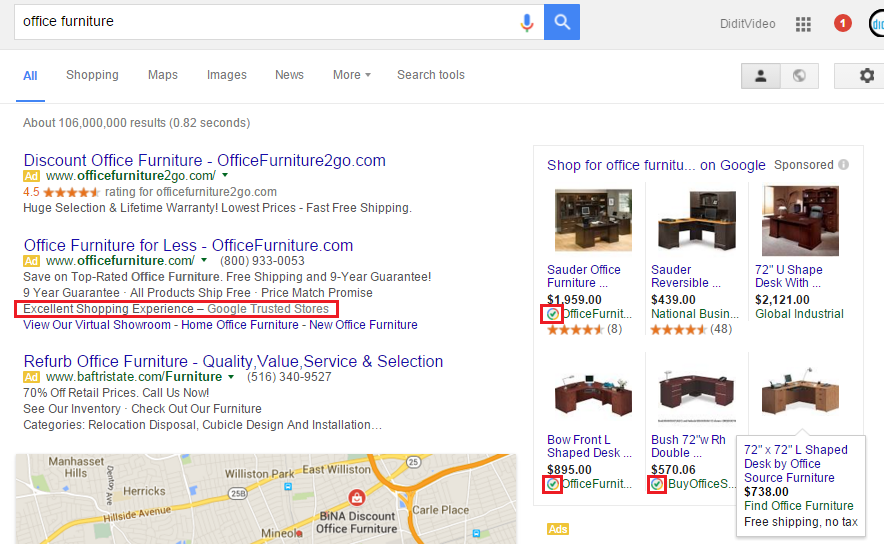 Adwords Review Extensions (highlighted in red) distinguish PPC ads from those from non-participating merchants.